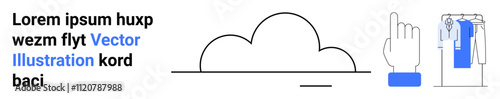 Cloud outline with text placeholder on the left, a hand with a blue cuff pointing on the right, and a clothing rack. Ideal for technology, cloud services, web design, marketing, user interface