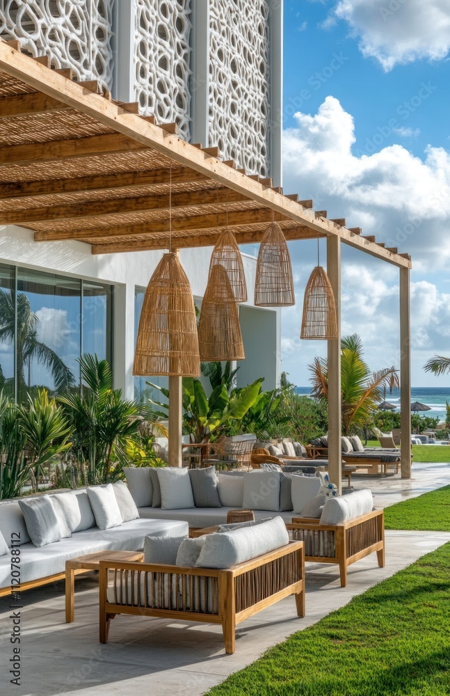 Fototapeta premium Outdoor patio furniture under a pergola with hanging lights, overlooking a tropical beach.