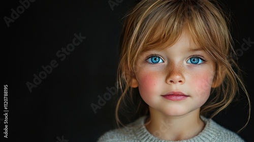 Stunning studio portrait of a freckled young girl with bright blue eyes and light brown hair, wearing a neutral sweater, highlighted by a dark background. AI generated.