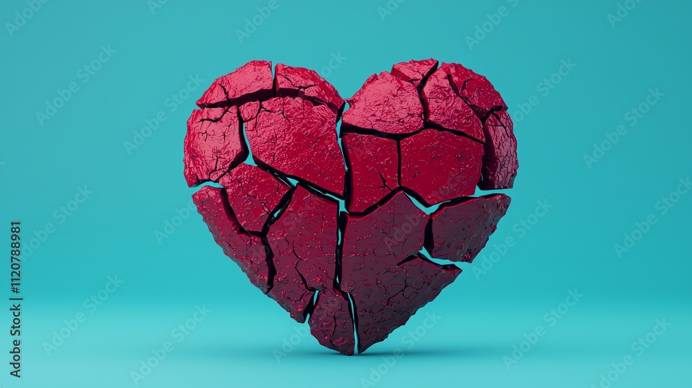 A cracked heart sculpture in vibrant red against a teal background symbolizes heartbreak and emotional struggle. A cracked heart sculpture in vibrant red against a teal background symbolizes heartbreak and emotional struggle.
