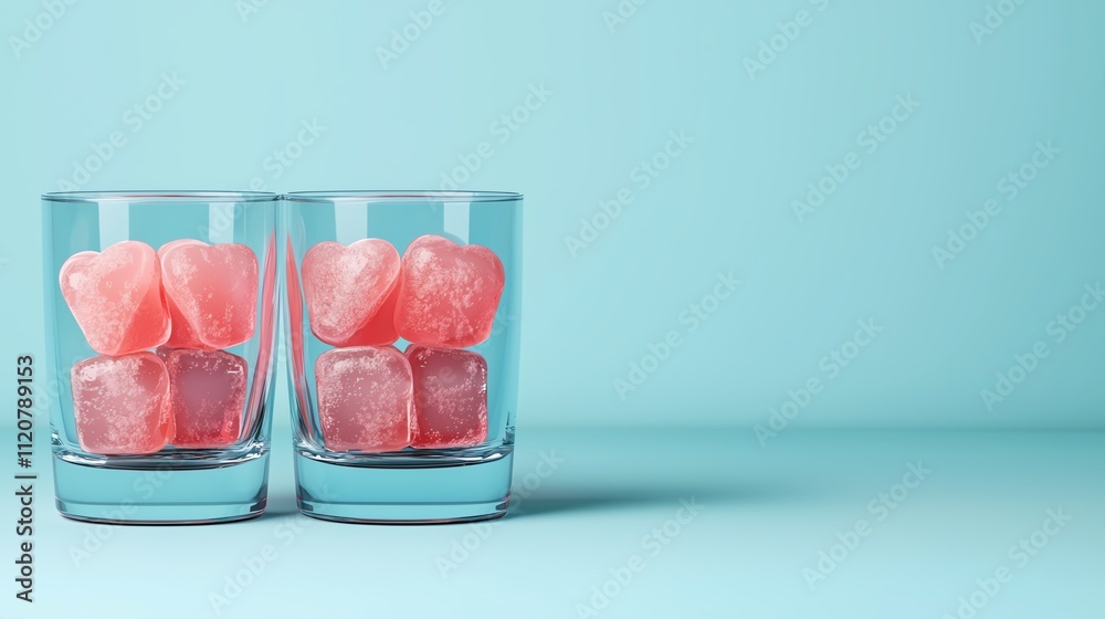 Two clear glasses filled with pink heart-shaped candies sit on a pastel blue background, creating a vibrant and playful aesthetic. Two clear glasses filled with pink heart-shaped candies sit on a pastel blue background, creating a vibrant and playful aesthetic.