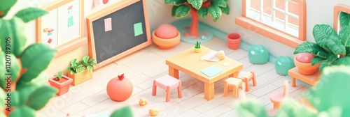 Colorful indoor learning space with plants and furniture.