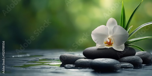 Zen Black Stones White Orchid Candle Relaxation Spa Wellness Harmony Natural Background