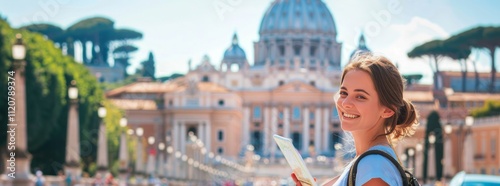 Smiling Tourist in Rome with St. Peter's Basilica in the Background photo