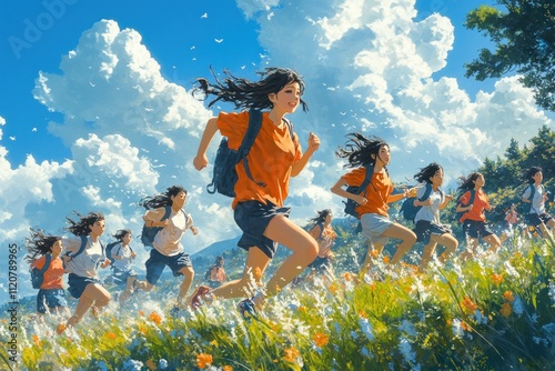 Students Running Together with Smiles in Modern Anime Style