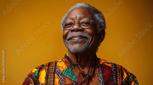 A portrait of a joyful elderly African man in a vibrant dashiki, ideal for promoting cultural heritage, wisdom, family gatherings, and community events.