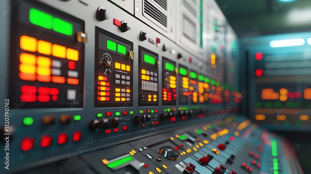 Control panel with colorful buttons and displays. Control panel with colorful buttons and displays.