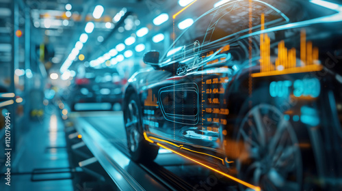 Futuristic Car Assembly Line With Digital Overlay