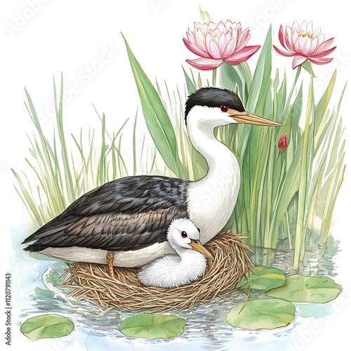 Watercolor painting of a Western Grebe and chick nestled in a nest amongst water lilies. photo