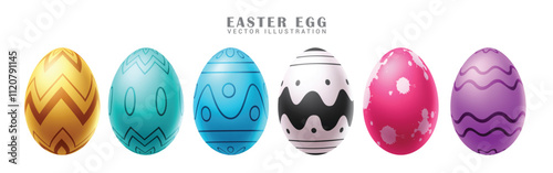 Easter eggs colorful clipart set. Easter egg clip art in cute colorful printed pattern like zigzag, curve and circle collection for hunting celebration. Vector illustration 3d oval print collection.
