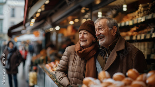 Smiling Senior Couple At Outdoor Market With Bread
