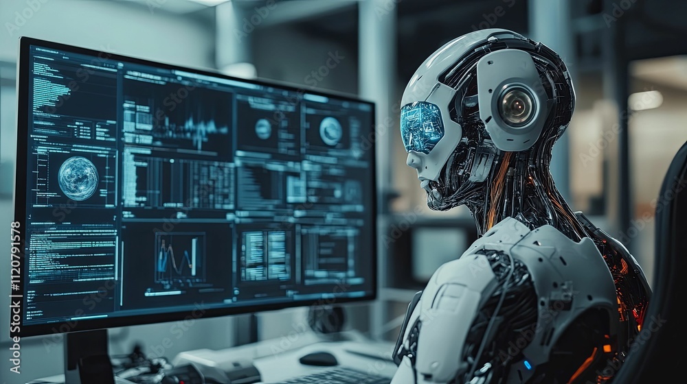 Fototapeta premium Advanced Robot Analyzing Data on Computer Screen