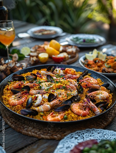 A vibrant seafood paella in a large pan, surrounded by other dishes and drinks at an outdoor table.