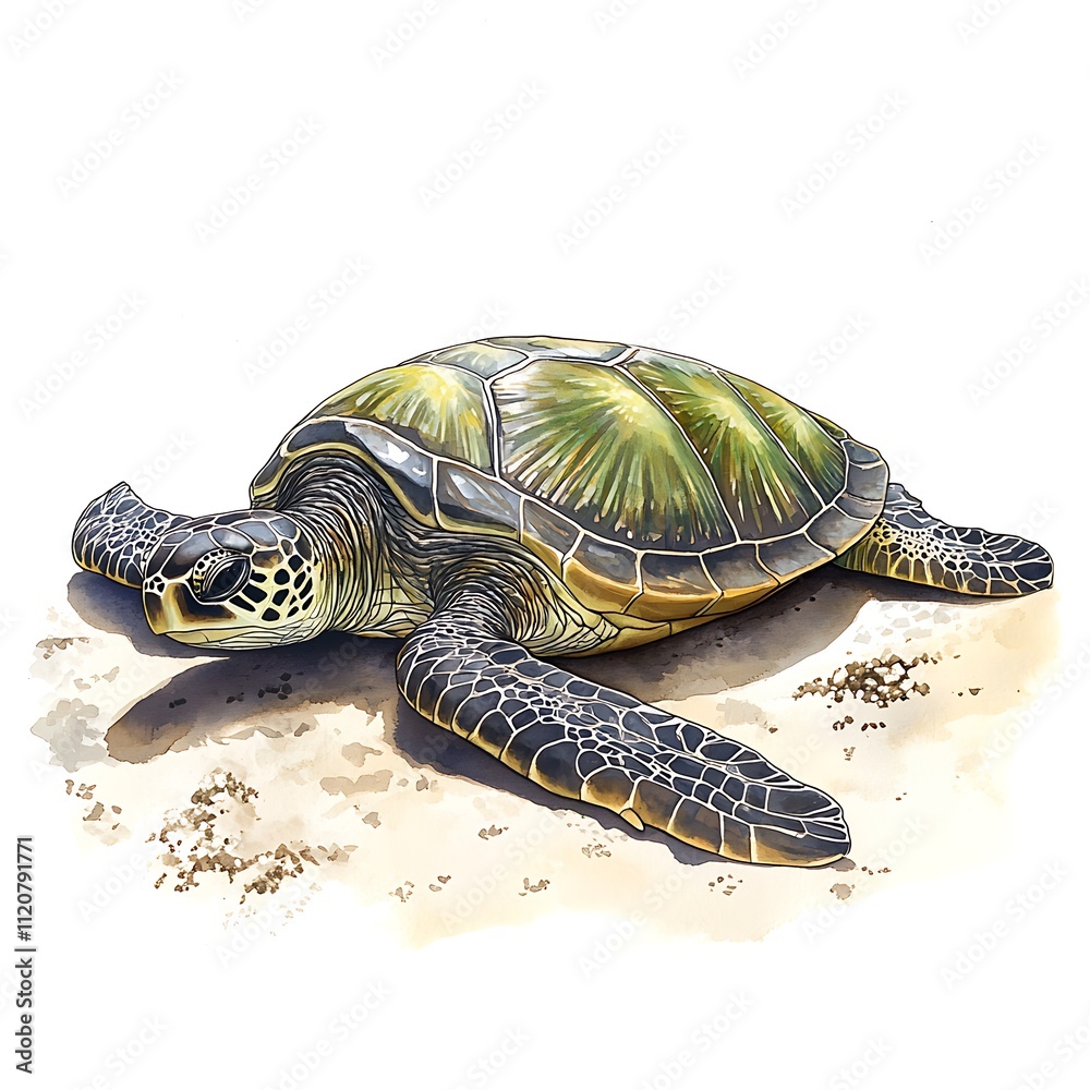 Obraz premium A Green Sea Turtle Resting on a Sandy Beach, Watercolor Illustration.
