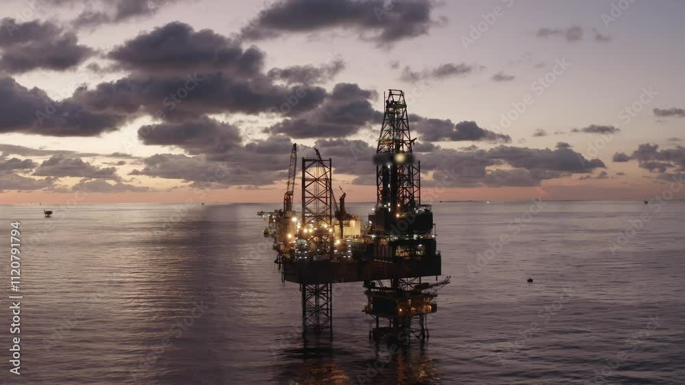 Aerial view of an offshore jack up drilling rig during sunset - oil and gas upstream industry
Aerial view of an offshore jack up drilling rig during sunset - oil and gas upstream industry