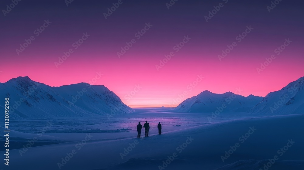 Minimalist Antarctic landscape at dusk with gradient sky, snow-capped mountains, and small people silhouettes in the foreground, showcasing tranquil beauty and solitude. Minimalist Antarctic landscape at dusk with gradient sky, snow-capped mountains, and small people silhouettes in the foreground, showcasing tranquil beauty and solitude.