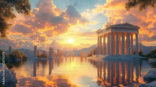 Surreal Greek Temple Ruins Under Bright Sunrise in Mythological Olympus Landscape