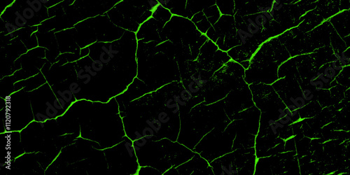 A black and green drawing of a cracked wall, background with cracks.  Weathered rough painted surface with patterns of cracks and peeling. Panoramic texture for background and design. 