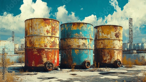 Rusty barrels in an abandoned industrial site. photo