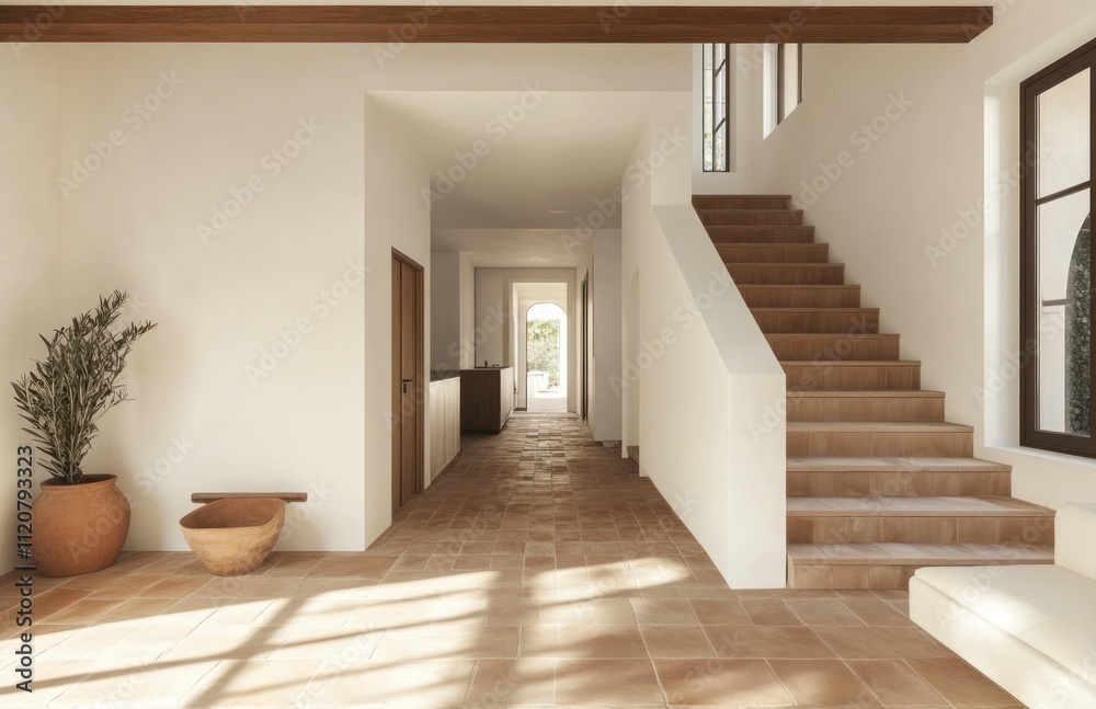 Fototapeta premium Sunlit hallway with terracotta tile floor, wooden staircase, and potted plant.