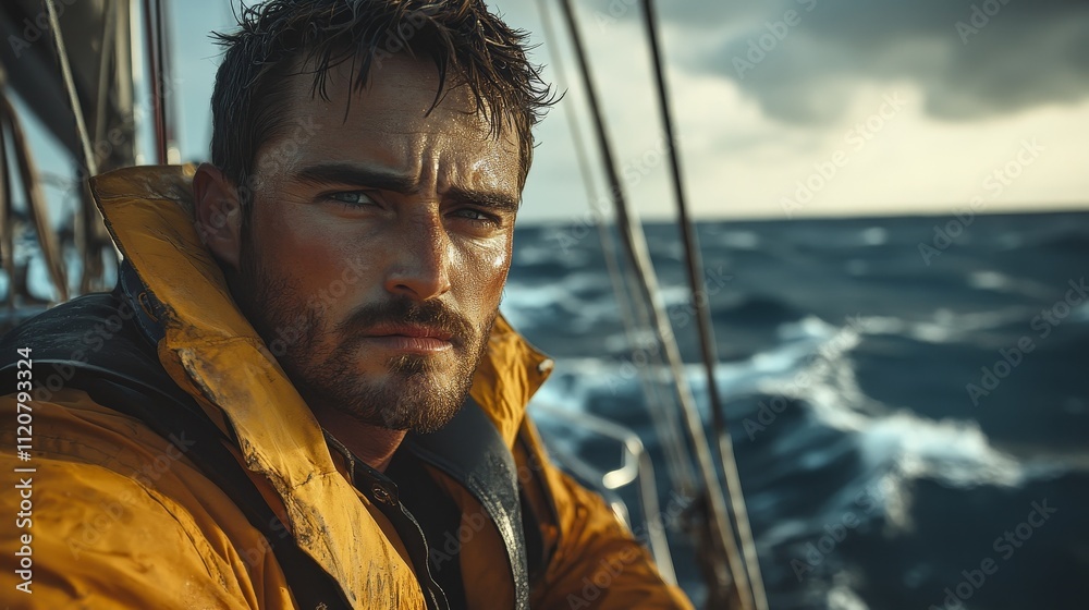 Obraz premium Angry and determined navigator facing the camera on a sailing boat in the open and agitated sea, alone with a tense atmosphere, captured in stunning 4K photorealistic detail.