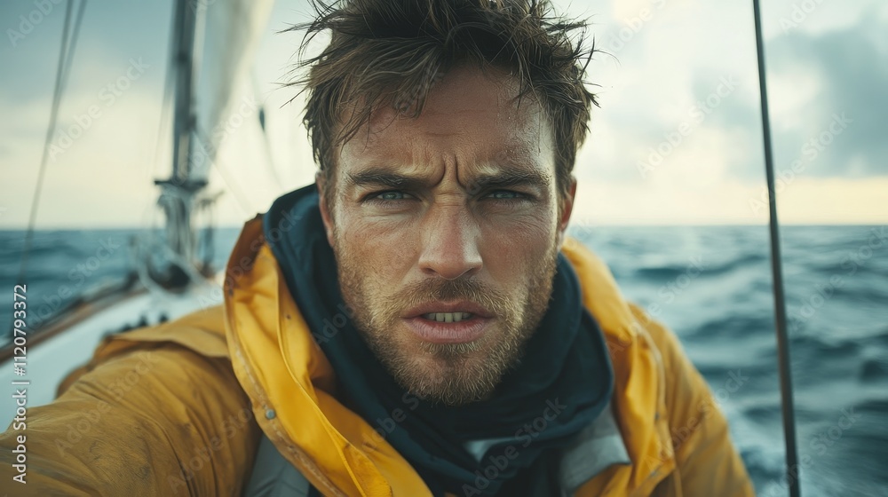 Obraz premium Angry and determined navigator facing the camera on a sailing boat in the open and agitated sea, alone with a tense atmosphere, captured in stunning 4K photorealistic detail.