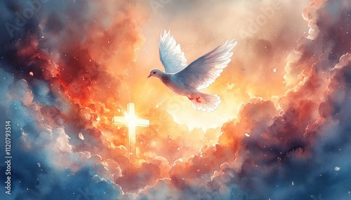 Watercolor Dove Flying Towards Radiant Cross in Clouds with Sunlight - Christian Spiritual Illustration for Whit Monday photo