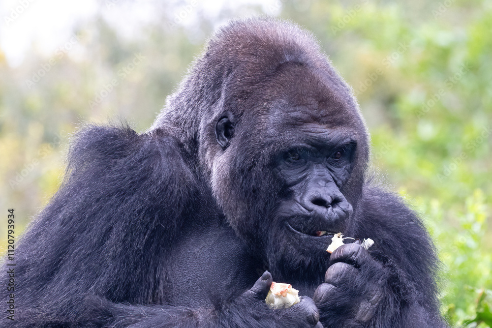 Western Lowland Gorilla (Gorilla gorilla gorilla) eating holding a piece of fruit and eating.
Western Lowland Gorilla (Gorilla gorilla gorilla) eating holding a piece of fruit and eating.