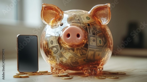 Financial Planning with a Piggybank and Smartphone on Table