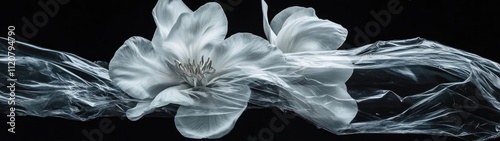 Delicate white flowers enveloped in translucent plastic film against a black background.