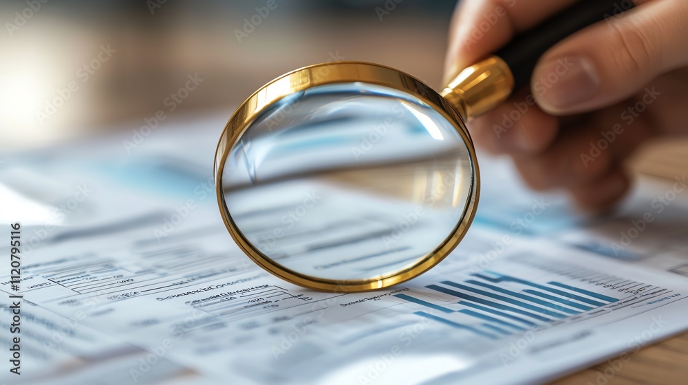 Detailed closeup of hand holding magnifying glass over financial documents with inflation and investment metrics, warm light, sharp focus, elegant office desk, realistic textures Detailed closeup of hand holding magnifying glass over financial documents with inflation and investment metrics, warm light, sharp focus, elegant office desk, realistic textures