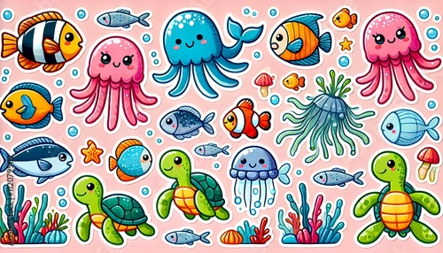 Cute pre-school animal sets, vector illustraions, patterns, fish, lizards, cows farm animals, pigs, bees, birds, gecko, lady bugs, wolves, jellyfish, insects. stickers for kids and pre-school  photo