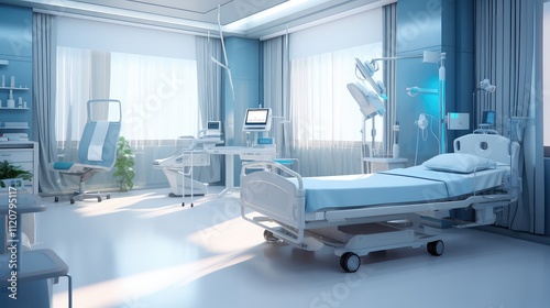 Hospital ward with empty bed at clinical facility on transparent background