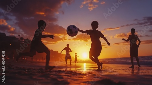 Boys playing soccer at sunset on the beach
