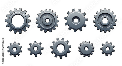 Metallic Gear Illustrations on Transparent Background for Industrial Design, Isolated Cogwheel Set with Clear Background, Ideal PNG for Mechanical and Engineering Projects