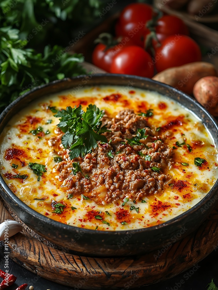 Creamy potato and minced meat stew with parsley garnish in a rustic bowl. Creamy potato and minced meat stew with parsley garnish in a rustic bowl.
