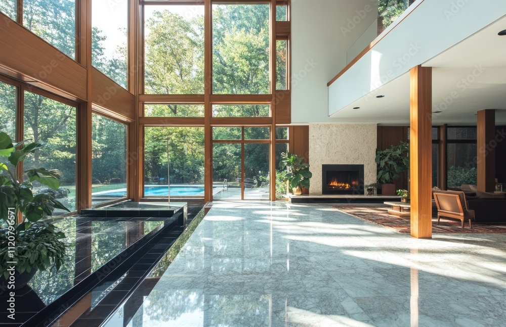 Sunlit modern home interior with pool view, marble floor, and fireplace. Sunlit modern home interior with pool view, marble floor, and fireplace.