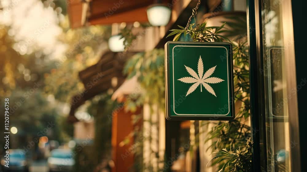 Sign indicating cannabis shop hangs outside a modern storefront in a vibrant urban area during golden hour