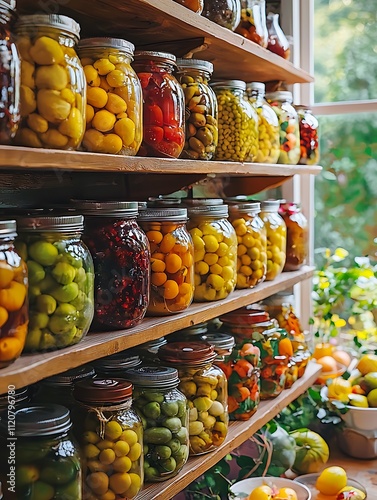 A rustic wooden shelf overflowing with colorful jars of home-canned fruits and vegetables, bathed in soft, natural light.