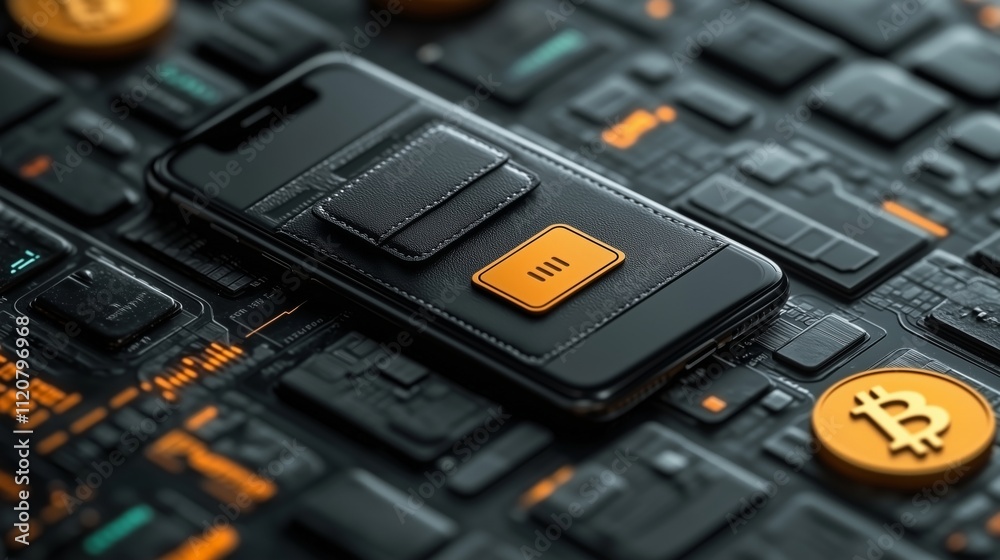 Sleek Smartphone Wallet Case on a Stylish Digital Surface Sleek Smartphone Wallet Case on a Stylish Digital Surface