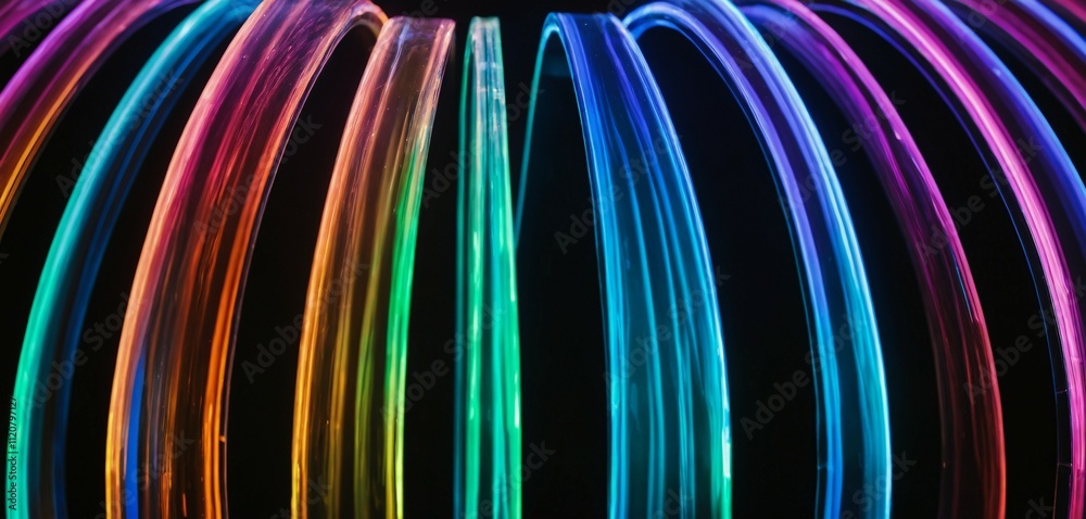 Close-up of chromatic glass arcs glowing with blurred glowing highlights Close-up of chromatic glass arcs glowing with blurred glowing highlights