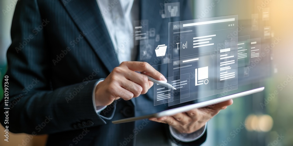 Businessman Analyzing Data on Digital Tablet in Modern Office Environment Businessman Analyzing Data on Digital Tablet in Modern Office Environment
