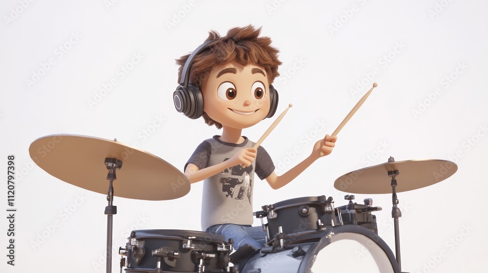 Fototapeta premium Boy playing drums with headphones, smiling joyfully.