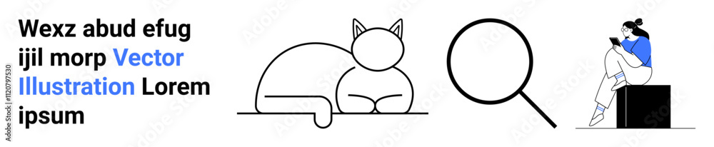 Abstract text, outlined cat, large magnifying glass, woman in blue reading a book while sitting. Ideal for education, research, learning, reading, feline themes minimal design modern aesthetics