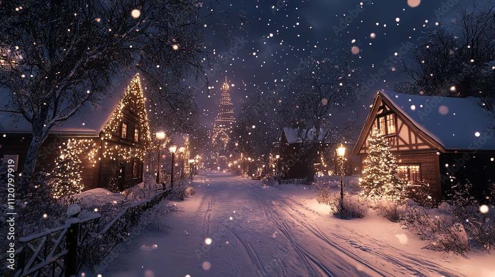 Naklejka premium Snowy Village Street with Holiday Lights and Frosty Trees