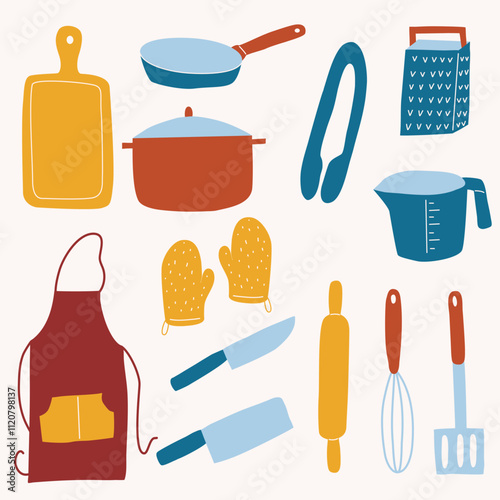 Hand Drawn Kitchen Utensils Set. Home Cooking Utensils Illustration. Simple Hand Drawn Cooking Items. Cozy Cooking Hand Drawn Collection