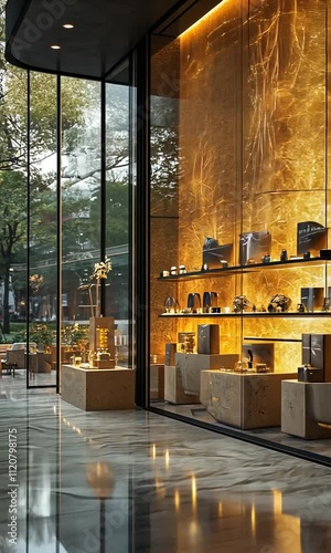 Elegant storefront showcasing luxury items with a warm golden backdrop and reflective surfaces.