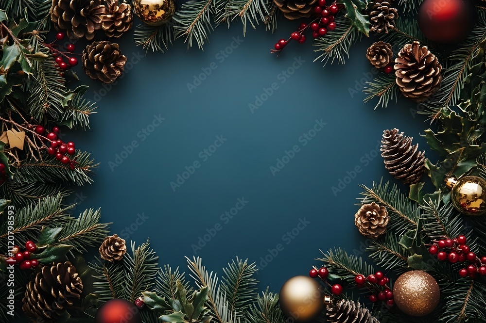 Christmas frame with branches, decorations and cones. Christmas frame with branches, decorations and cones.