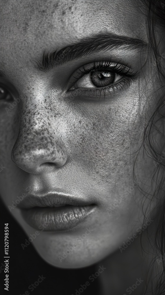 Close-up portrait of a woman's face, showcasing her freckles and intense gaze. Close-up portrait of a woman's face, showcasing her freckles and intense gaze.