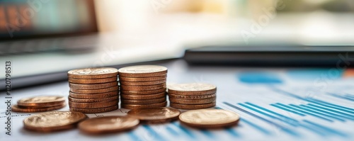 economic windfall investment success Stacks of coins on financial documents with a laptop in the background. photo